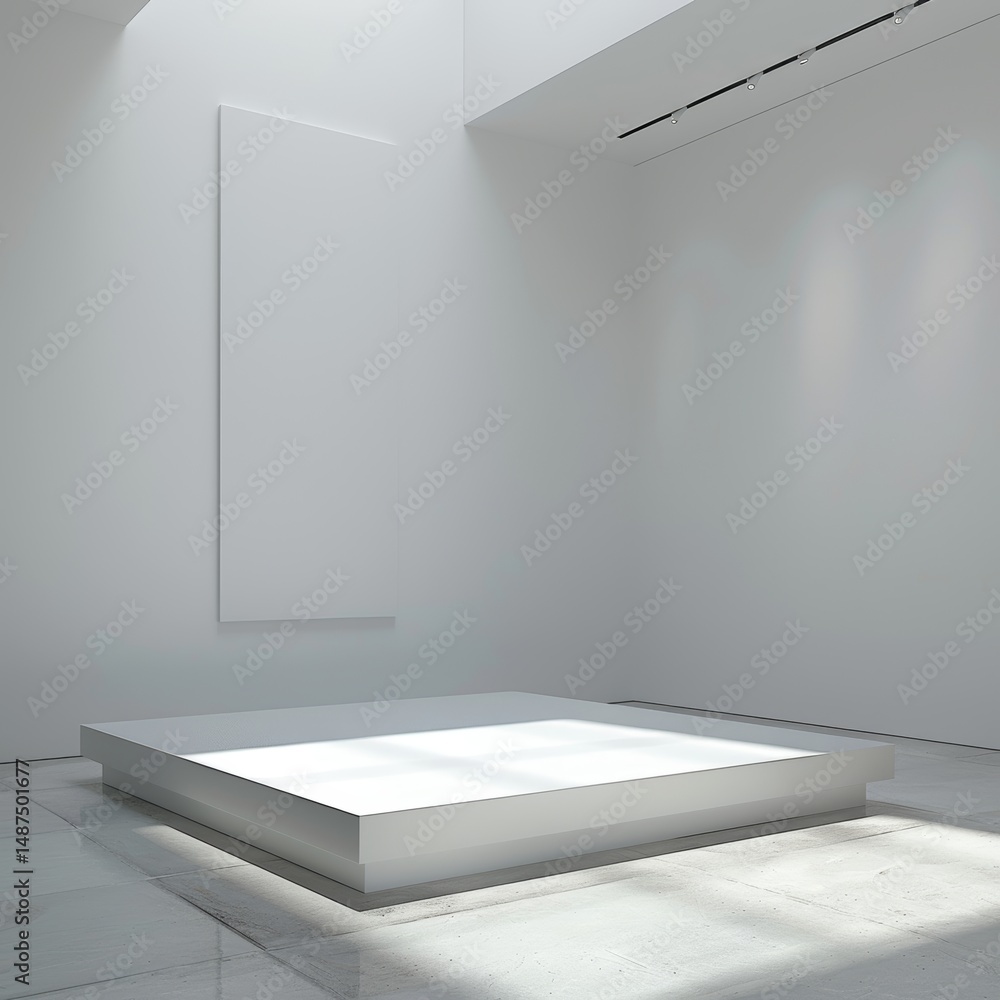Poster empty white gallery space with display platform and blank wall