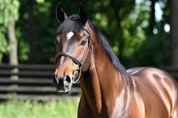 Obraz premium Horse galloping freely in a lush green field, showcasing power and grace under the sunlight
