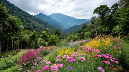 Obraz premium Blooming flowers in meadow surrounded by vibrant nature gardens concept. A vibrant mountain landscape adorned with colorful wildflowers.