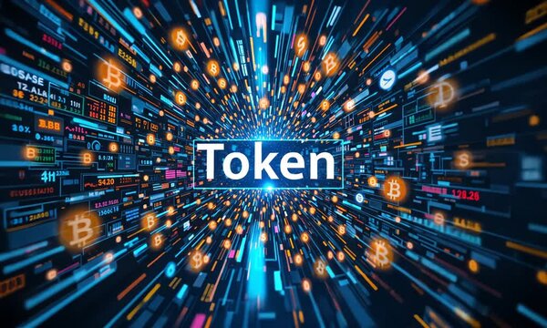 Futuristic glowing token symbol surrounded by floating data and cryptocurrency icons on dark tech background. Digital finance concept