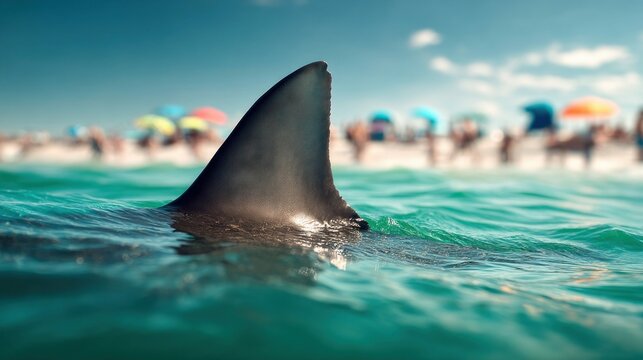 A shark's fin emerges from the water, suggesting danger or anticipation, with a bustling beach scene blurred in the background.