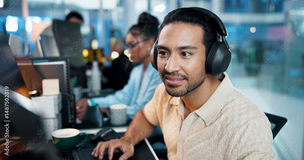 Poster Office, businessman and headphones with computer for coding, web development and listening to music. Coworking, night and male programmer with technology for programming, software update and podcast