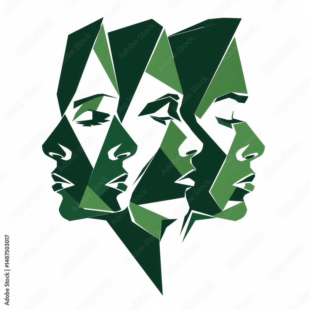 Poster geometric abstract faces in profile view using green polygons