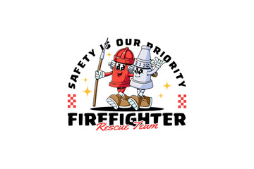 hydrant pillar and fire hose nozzle retro cartoon character mascot illustration with walking, holding halligan bar, showing peace hand for firefighter, fireman, rescuer team mascots and merchandise