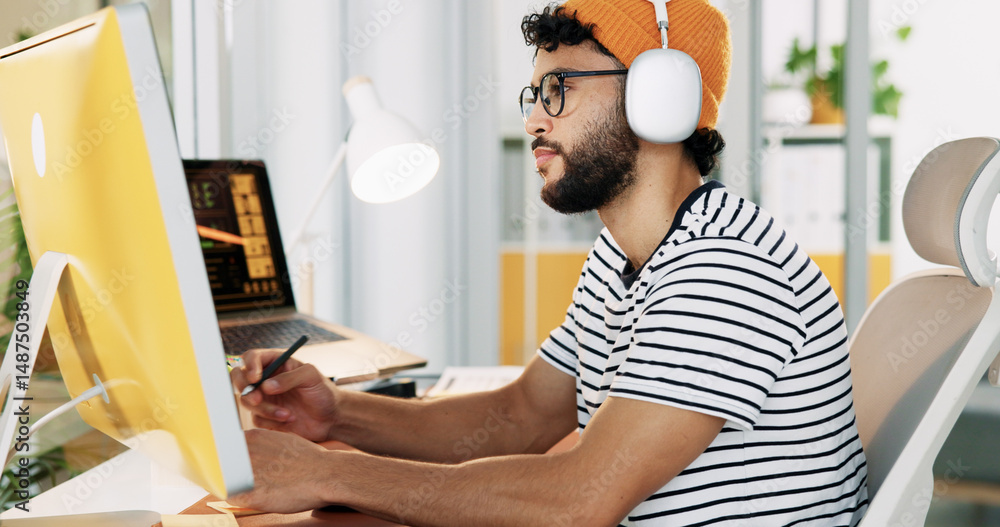 Aufkleber creative, web designer and man on computer with headphones for software, graphic design or user inte