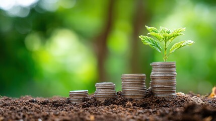 Growth of Wealth and Nature with Coin Stacks and Green Seedling Representing Financial Investment and Eco-Friendly Practices in Natural Environment