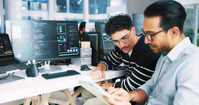 Web developer, tablet and coding in office for software, system or website update advice. Night, programmer and backend engineer with feedback for company development, teamwork or workplace project - Powered by Adobe