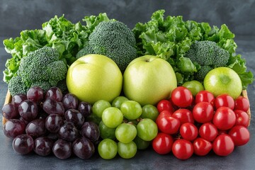 Assorted fruits and vegetables includes grapes, tomatoes, apples, broccoli, lettuce. For healthy eating, vegan diets, vegetarian lifestyle, or produce advertisements.