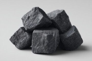 minimalistic arrangement of coal chunks on clean white background showcasing their texture and form with ample copy