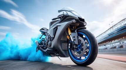 A sleek, modern sport motorcycle poised to accelerate on a racetrack, with vibrant blue smoke creating an artistic effect.