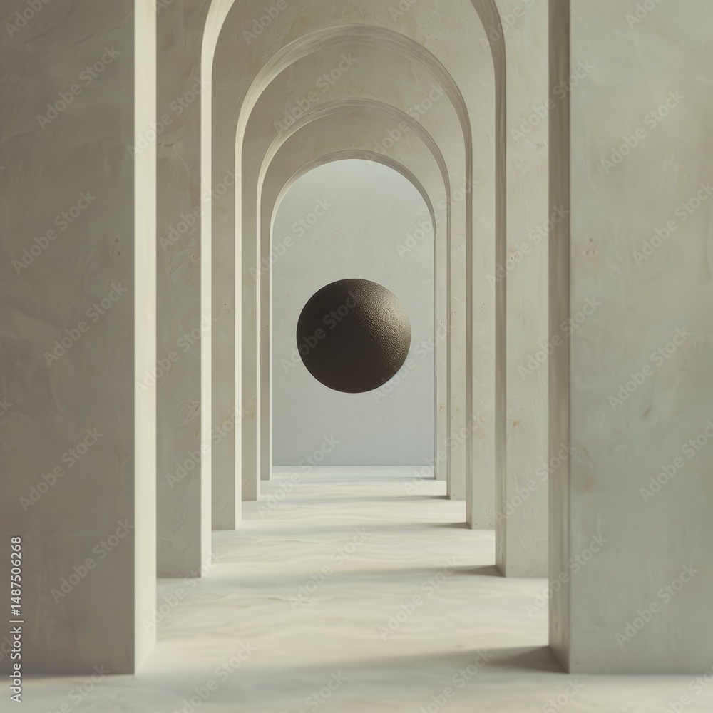 Poster minimal arched corridor with floating sphere