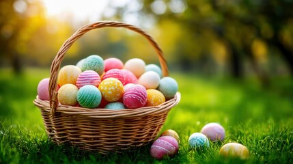 A charming wicker basket overflows with vibrant, decorated Easter eggs resting on lush green grass. The scene is illuminated by soft sunlight.