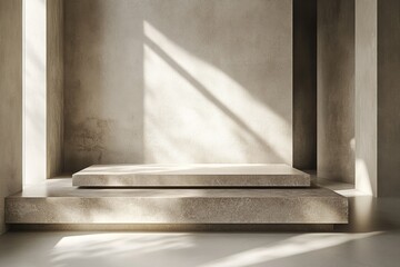 Empty light beige stone platform in a minimalist interior.