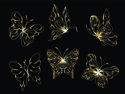 Six Elegant Gold Butterflies on Black Background