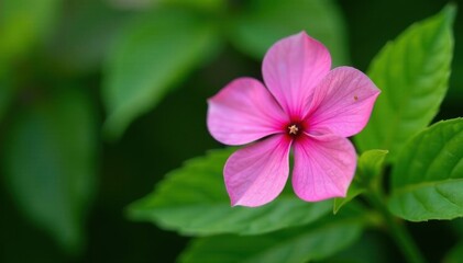 Fototapeta premium Single pink flower, lush green leaves, close-up, green, bloom, foliage