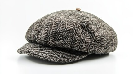 Stylish herringbone pattern newsboy cap with button detail on white background