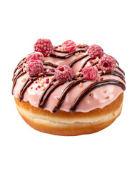 Isolated transparent png Gourmet donuts with colorful drizzle for sweet indulgence Creative donut art Frosted donut topped with raspberries and chocolate drizzle.