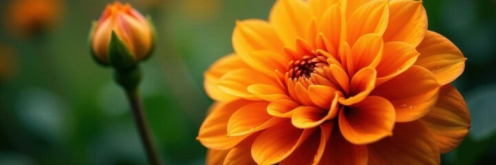 Fototapeta premium Vibrant orange dahlia petals, close-up Dew drops gleam , garden, beautiful