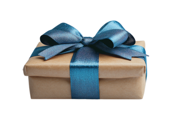 Beautifully wrapped gift box with a blue ribbon, perfect for celebrations and special occasions.