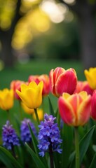 Fototapeta premium Vibrant tulips, daffodils, hyacinths form a lush spring border , spring backdrop, natural frame, springtime blooms