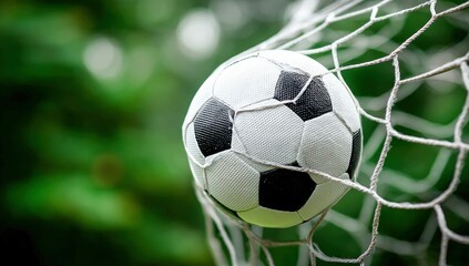 A soccer ball nestled in the net, captured against a natural, green background. The image highlights the sport's essence.