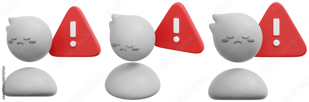 Poster set of four grey characters with red warning triangles 3d render icon illustration