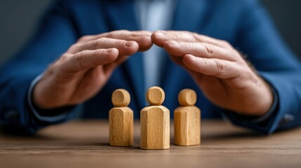 A person's hands protect miniature wooden figures on a table, emphasizing safety and security.