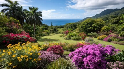 Fototapeta premium Blooming flowers in meadow surrounded by vibrant nature gardens concept. Vibrant garden landscape showcasing colorful flowers and greenery.