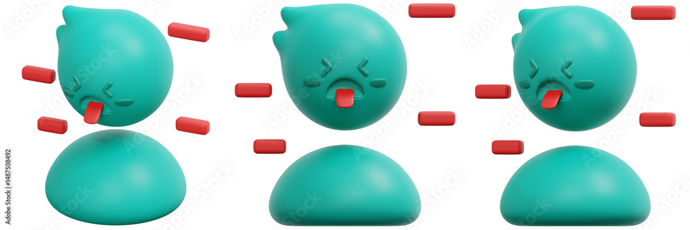 Poster set of teal 3d animated character expressing disgust and aversion 3d render icon illustration
