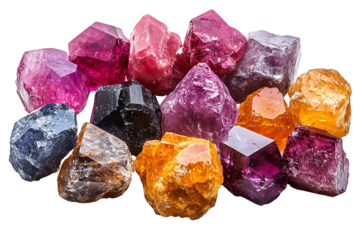 Colorful collection of natural crystals and gemstones, showcasing unique shapes and vibrant hues on a white background.