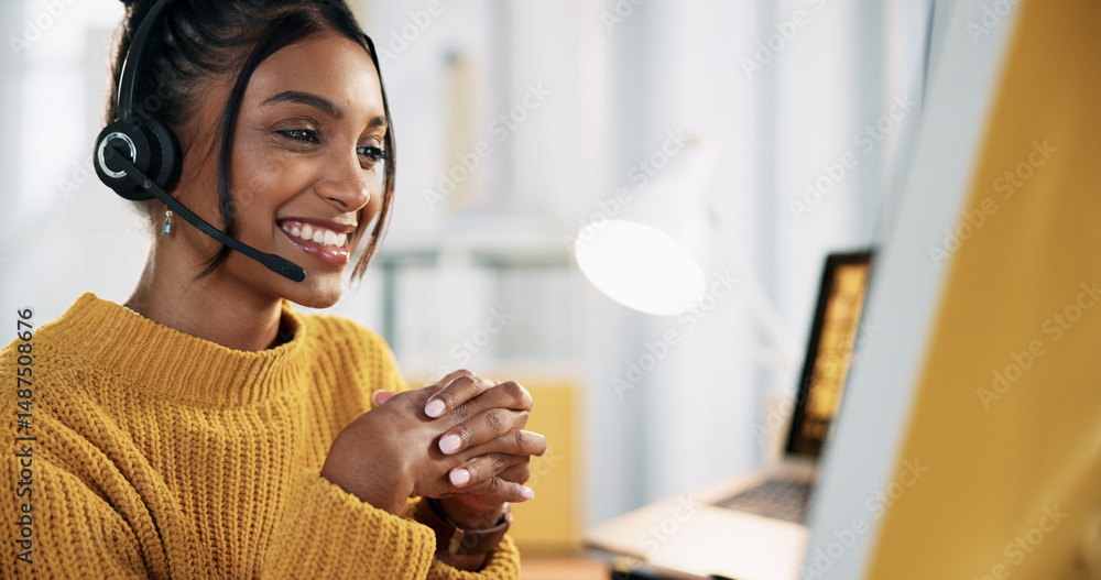 Aufkleber Call center, representative and woman with headset, smile and review of sales on computer or online. Customer service, agent and person with tech for communication, happy or employee with info on web