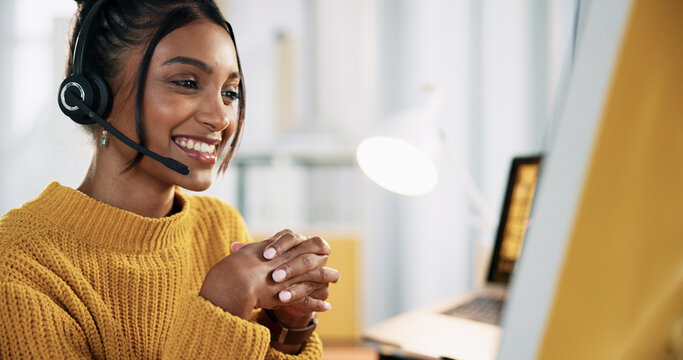 Call center, representative and woman with headset, smile and review of sales on computer or online. Customer service, agent and person with tech for communication, happy or employee with info on web
