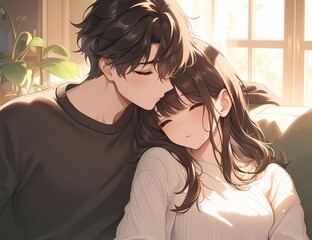 K-Pop Romance Korean Manga Illustration of a Young Couple Hanging Out	