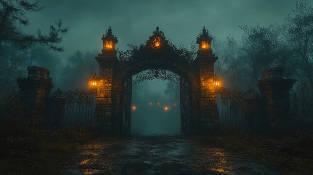 Misty, ancient gate to a spooky forest