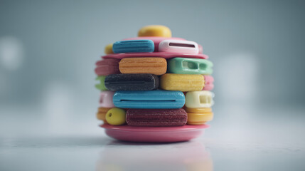 A vibrant stack of colorful macarons showcasing their delightful textures and hues.