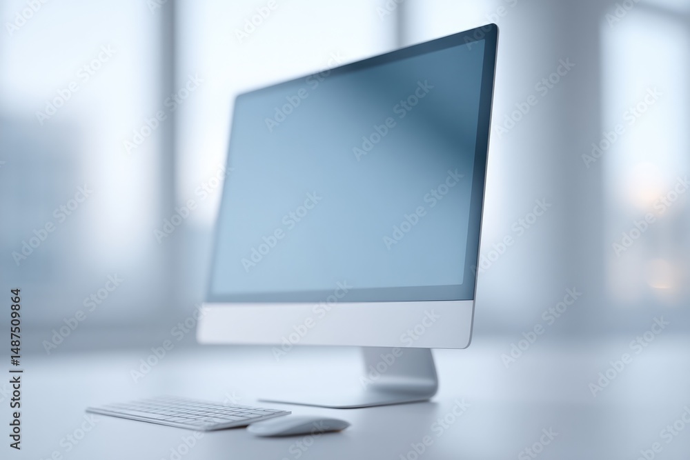 Poster modern office setup with large computer monitor displaying video conference interface people in back