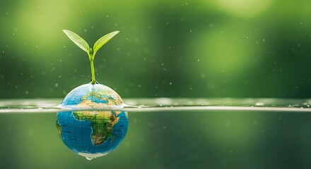 Sprout Emerging from a Miniature Earth Globe Submerged in Pristine Water – A Symbol of Environmental Sustainability