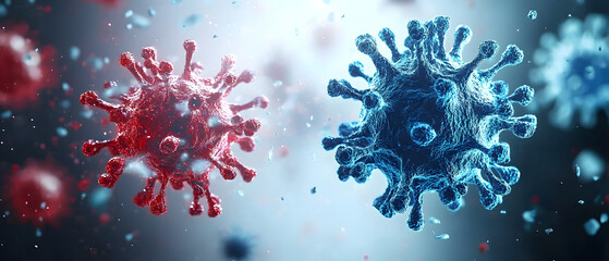 Obraz premium A blue and red virus is shown in the air