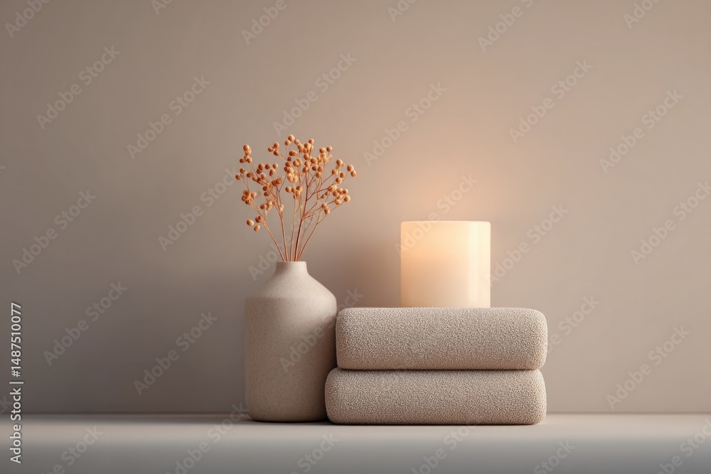 Poster serene minimalistic scene depicting various self-care items elegantly arranged with ample copy space