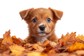 Cute puppy surrounded by autumn leaves, showcasing a playful expression, perfect for seasonal themes.