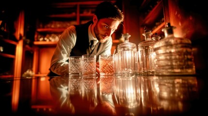 Fototapeta premium A bartender meticulously examines a cocktail and glassware on a reflective bar surface. The scene is warmly lit, creating a cozy and inviting atmosphere.