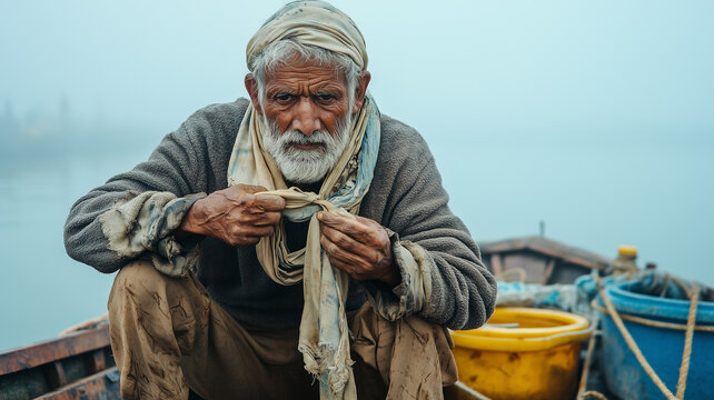 Fisherman tying a faded badana around his neck preparing boat for morning catch misty harbor real photo stock photography