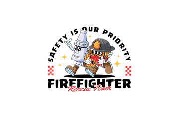 fire hose nozzle and firefighter safety helmet retro cartoon character mascot illustration with walking, holding fire hose, show peace hand for fireman, rescuer, survivor team mascots and merchandise