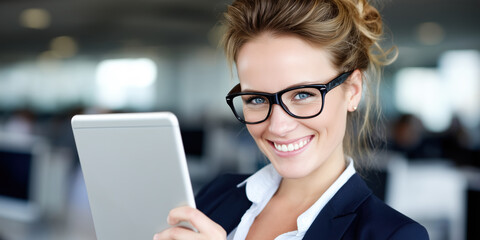 Professional woman smiling with tablet in modern office environment