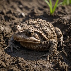 A toad buried in mud, hibernating, isolated background