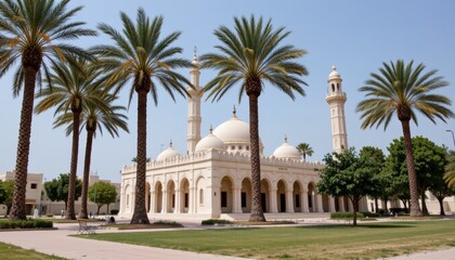 Architectural Beauty of a Historical Mosque Surrounded by Palm Trees Under Clear Blue Sky