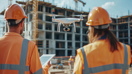 Diverse team of experts operates a drone at a construction site, with an architectural engineer and safety inspector overseeing design and quality