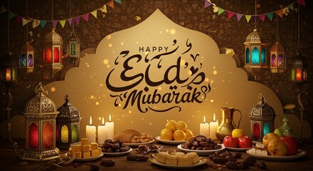 Happy Eid Mubarak Celebration with Traditional Lanterns and Festive Background