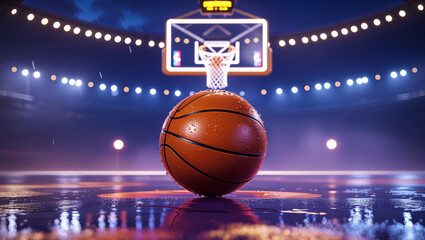 A wet basketball rests on the court, the backboard lit up, creating a dramatic night scene.