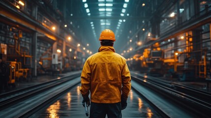 Worker in large factory hall